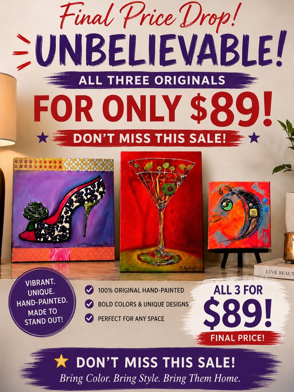 Hand-Painted Home Art Set - Red, Purple & Orange Accent Pieces